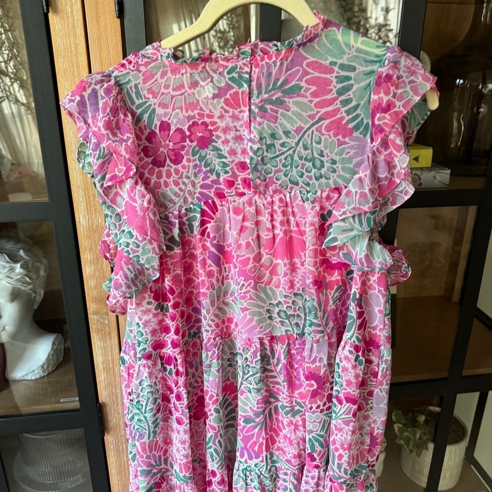 Aura floral smocked dress mini colorful chiffon flutter ruffle short sleeve - Picture 4 of 5
